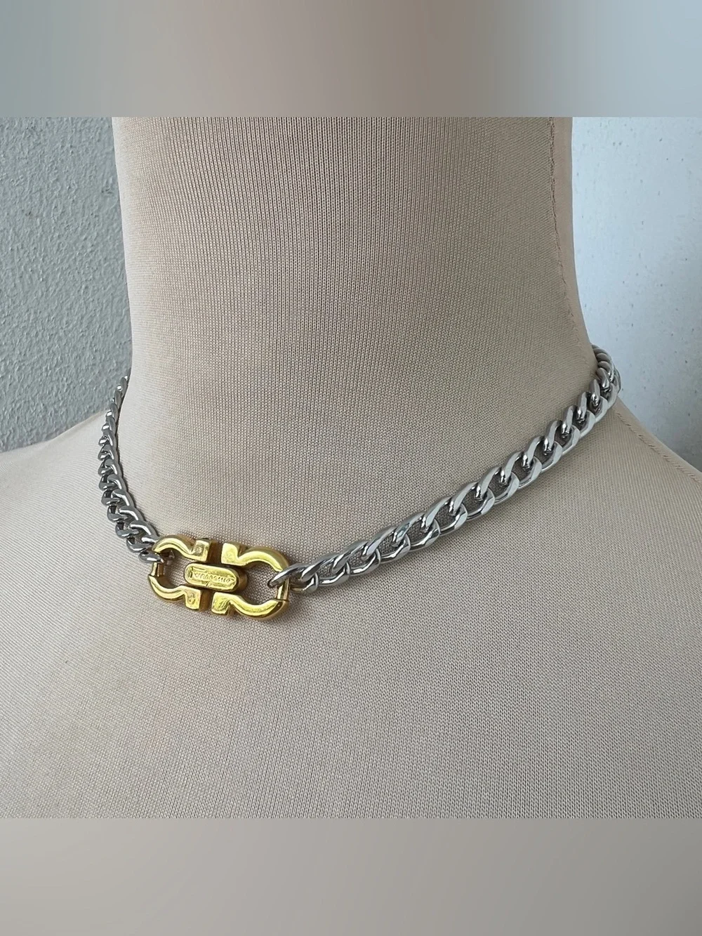 Custom Vintage Two-tone Ferragamo Necklace Silver Gold Curb Chain Choker | 15”